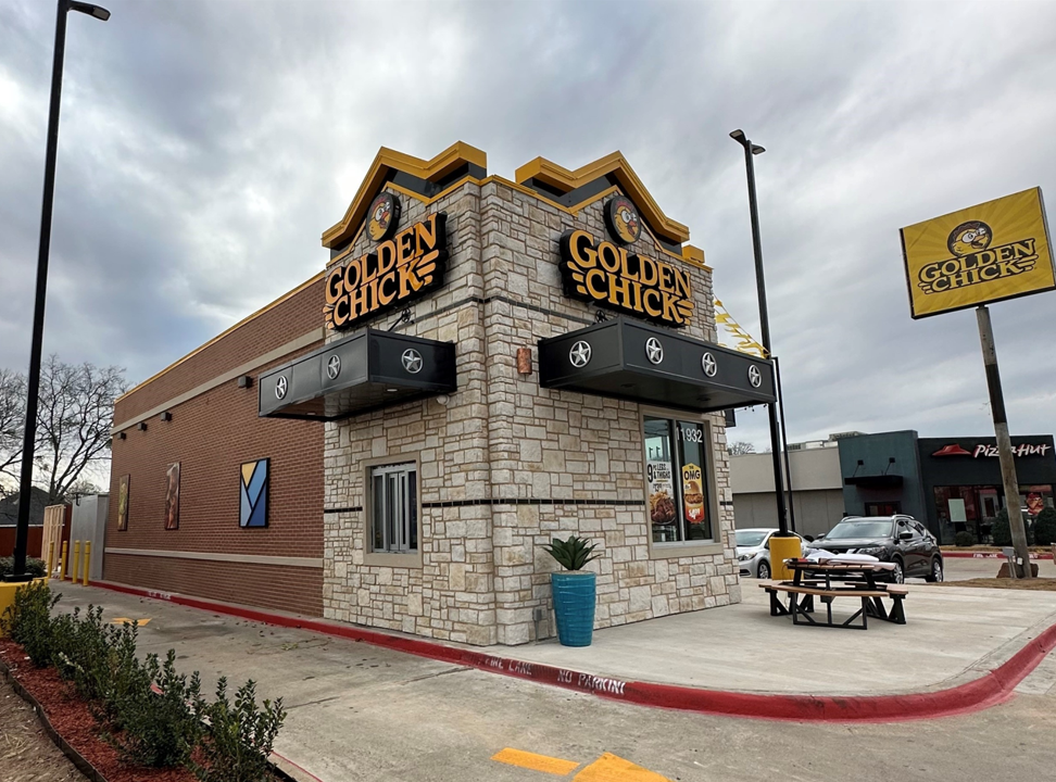 Golden Chick storefront.  Your local Golden Chick fast food restaurant in Balch Springs, Texas