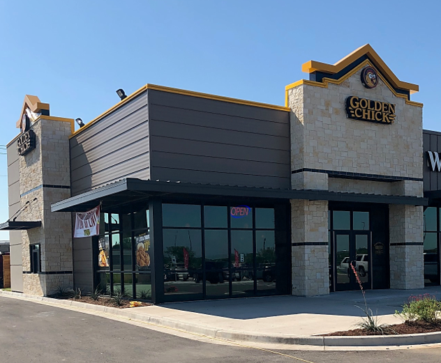 Golden Chick storefront.  Your local Golden Chick fast food restaurant in Hewitt, Texas