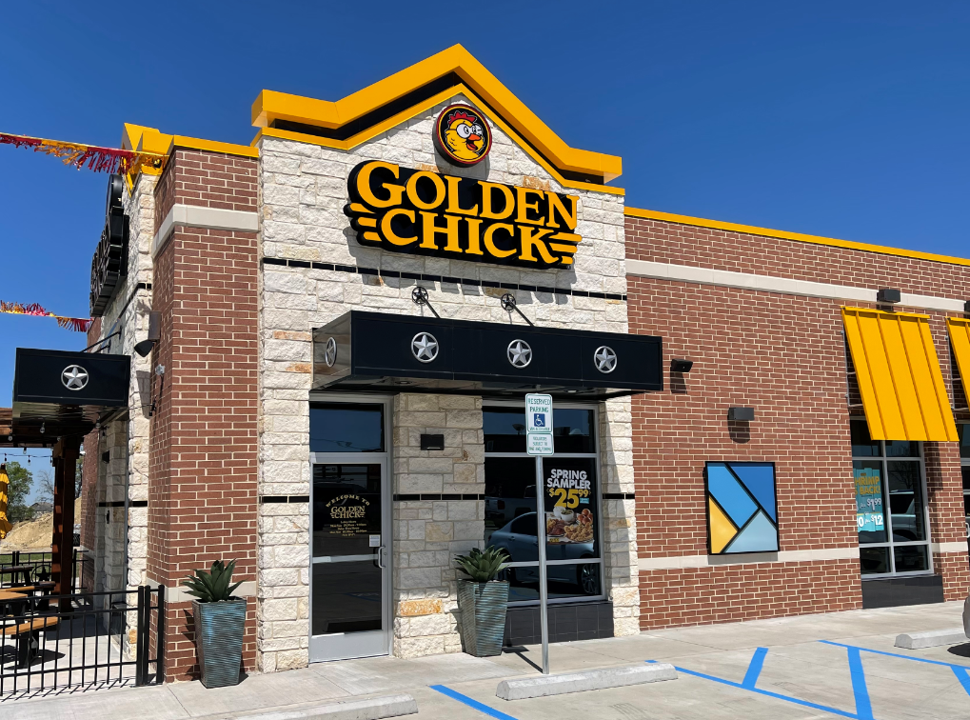Golden Chick storefront.  Your local Golden Chick fast food restaurant in Saginaw, Texas