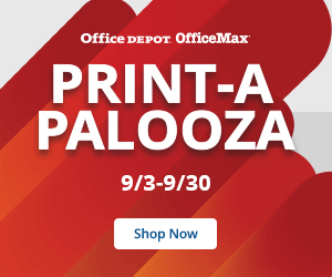 It&rsquo;s PRINT-A-PALOOZA time at Office Depot OfficeMax! Get special SAVINGS right now on paper and printers, also shop a huge selection of ink & toner ready to be delivered same day! PLUS, we can do the printing for you â get a coupon for 30% off your qualifying $75 purchase of custom signs, banners, business cards and more! Valid thru 09/30/23. Click here to get coupon.